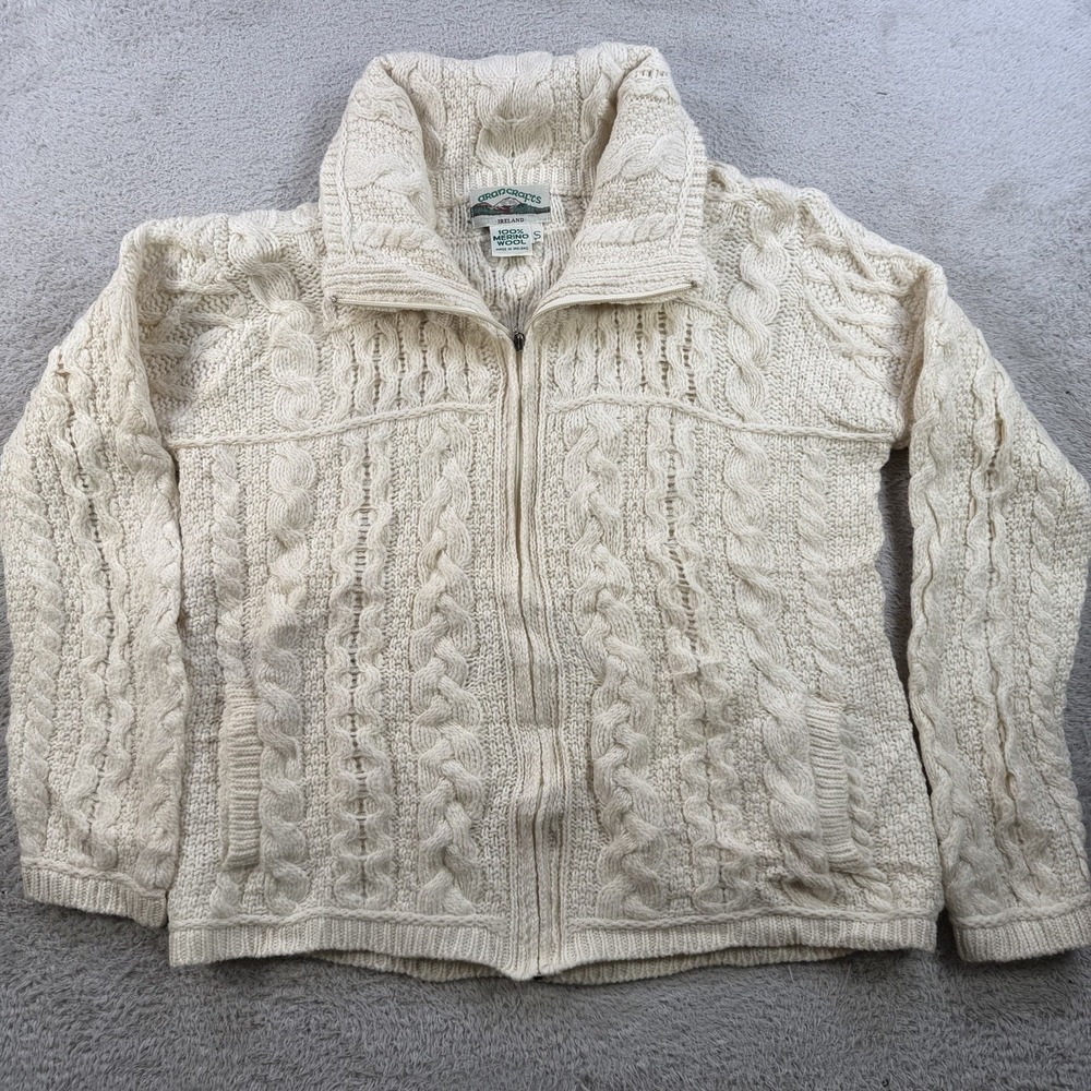 Aran Crafts Cardigan Sweater Mens Small Cream 100% Merino Wool Cable Knit Zip